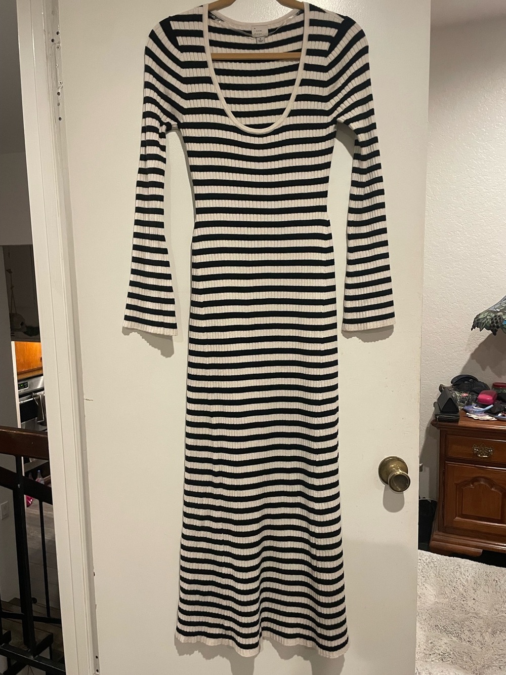 a new day Black and White Striped Ribbed Long Sleeve Midi Dress